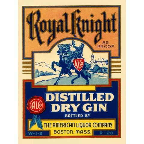 Royal Knight Distilled Dry Gin Black Modern Wood Framed Art Print with Double Matting by Vintage Booze Labels