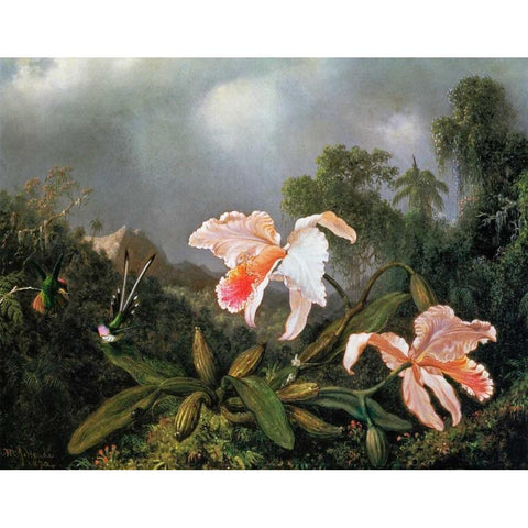 Jungle Orchids And Hummingbirds 1872 Gold Ornate Wood Framed Art Print with Double Matting by Heade, Martin Johnson