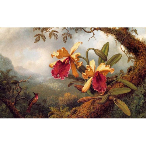 Orchids And Hummingbird Gold Ornate Wood Framed Art Print with Double Matting by Heade, Martin Johnson