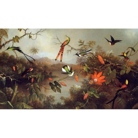 Tropical Landscape With Ten Hummingbirds Black Modern Wood Framed Art Print by Heade, Martin Johnson