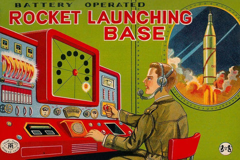 Rocket Launching Base Black Ornate Wood Framed Art Print with Double Matting by Retrobot