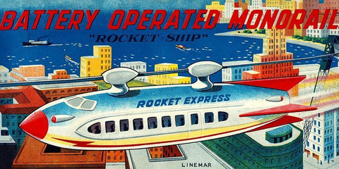 Battery Operated Monorail - Rocket Ship White Modern Wood Framed Art Print with Double Matting by Retrorocket