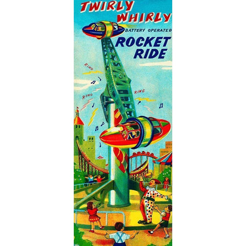 Twirly Whirly Rocket Ride Black Modern Wood Framed Art Print with Double Matting by Retrorocket