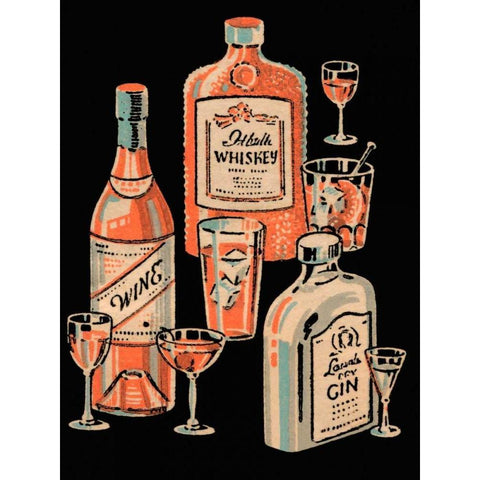 Whiskey, Wine and Gin Black Modern Wood Framed Art Print with Double Matting by Vintage Booze Labels