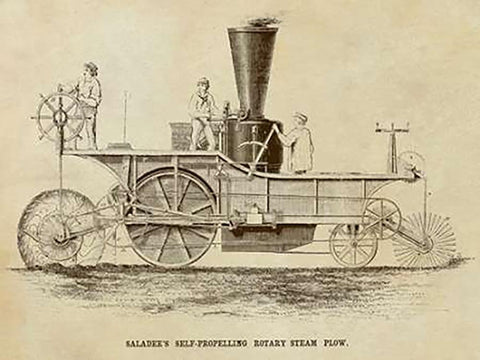 Saladees Self-Propelling Rotary Steam Plow Black Ornate Wood Framed Art Print with Double Matting by Inventions