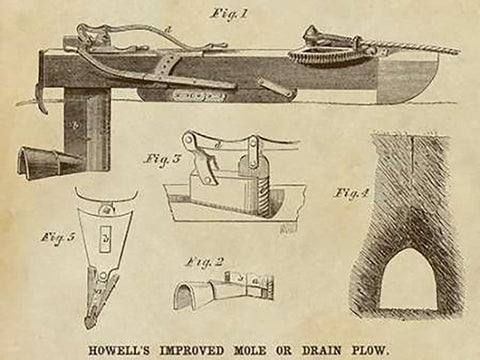 Howells Improved Mole or Drain Plow White Modern Wood Framed Art Print with Double Matting by Inventions