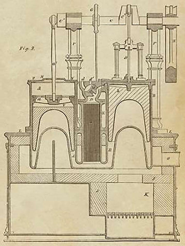 Steam Power Piston Chamber Cutaway White Modern Wood Framed Art Print with Double Matting by Inventions