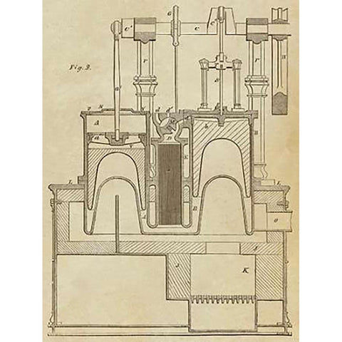 Steam Power Piston Chamber Cutaway White Modern Wood Framed Art Print by Inventions