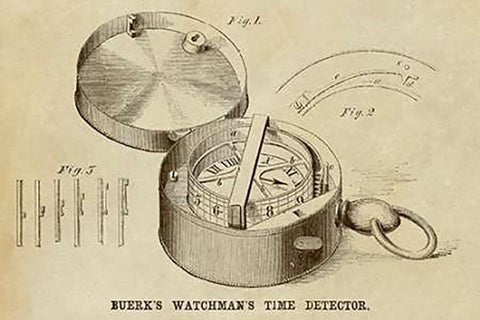 Buerks Watchmans Time Detector Black Ornate Wood Framed Art Print with Double Matting by Inventions