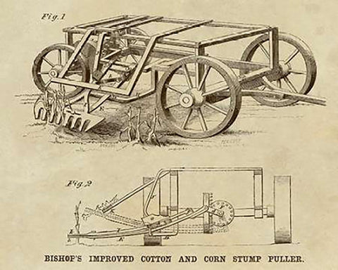 Bishops Improved Cotton and Corn Stump Puller Black Ornate Wood Framed Art Print with Double Matting by Inventions