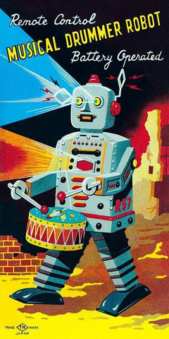 Musical Drummer Robot White Modern Wood Framed Art Print with Double Matting by Retrobot