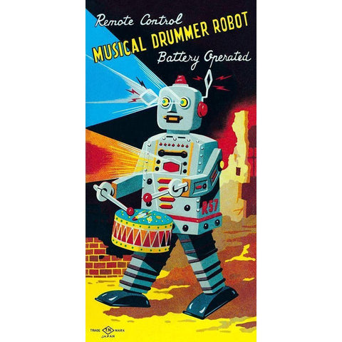 Musical Drummer Robot Black Modern Wood Framed Art Print by Retrobot