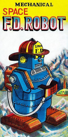 Mechanical Space Fire Department Robot Black Ornate Wood Framed Art Print with Double Matting by Retrobot