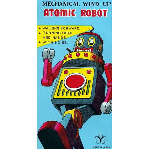 Mechanical Wind-Up Atomic Robot Gold Ornate Wood Framed Art Print with Double Matting by Retrobot