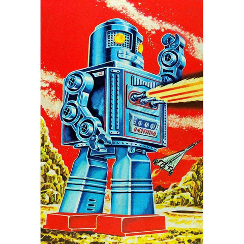 Robo - Movido a Pilhas White Modern Wood Framed Art Print by Retrobot