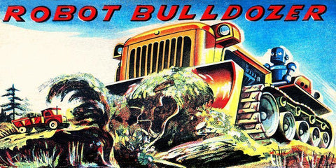 Robot Bulldozer White Modern Wood Framed Art Print with Double Matting by Retrobot