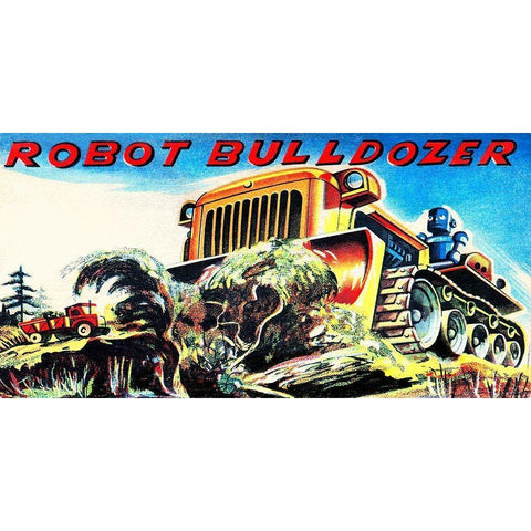 Robot Bulldozer White Modern Wood Framed Art Print by Retrobot