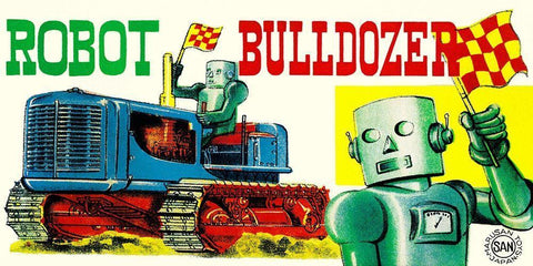 Robot Bulldozer White Modern Wood Framed Art Print with Double Matting by Retrobot