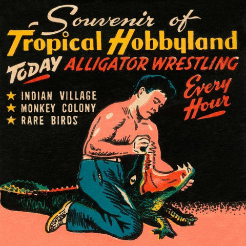 Tropical Hobbyland - Alligator Wrestling Black Ornate Wood Framed Art Print with Double Matting by Retrotravel