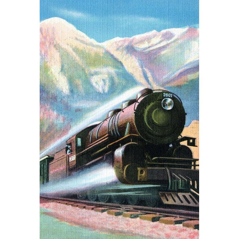 Steaming Full Speed Ahead Black Modern Wood Framed Art Print with Double Matting by Retrotravel