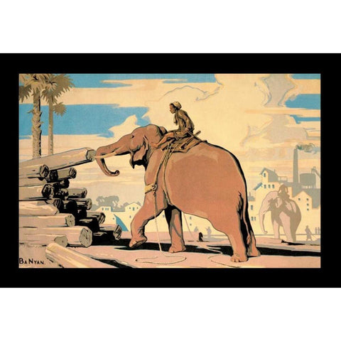 Moving Logs with Elephant Power Gold Ornate Wood Framed Art Print with Double Matting by Vintage Elephant