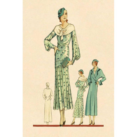 Daytime Dress in Fern with Overcoat Black Modern Wood Framed Art Print with Double Matting by Vintage Fashion