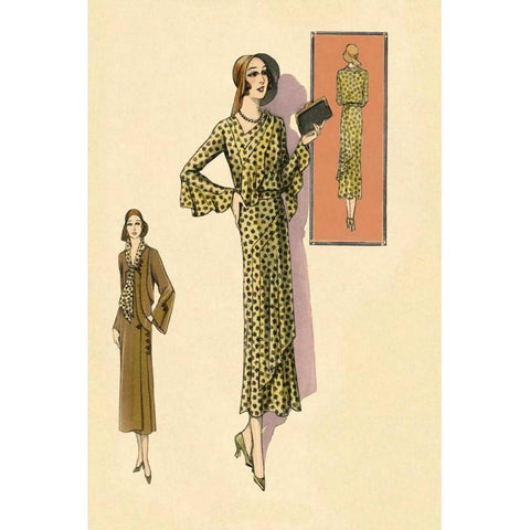 Ruffled Autumn Dress and Overcoat Gold Ornate Wood Framed Art Print with Double Matting by Vintage Fashion