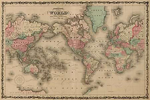 World Map Black Ornate Wood Framed Art Print with Double Matting by Johnson, A.J.