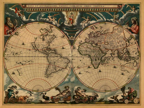 New and Accurate Map of the World Black Ornate Wood Framed Art Print with Double Matting by Blaeu, Johannes