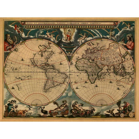 New and Accurate Map of the World Gold Ornate Wood Framed Art Print with Double Matting by Blaeu, Johannes