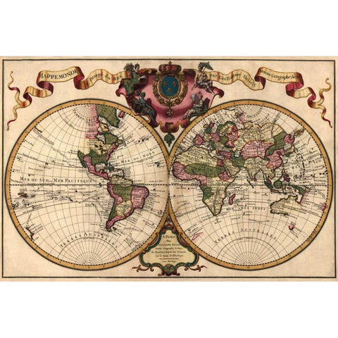World Map Prepared for then French King Black Modern Wood Framed Art Print with Double Matting by De LIsle, Guillaume