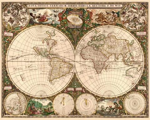 World Map Black Ornate Wood Framed Art Print with Double Matting by De Wit, Frederick