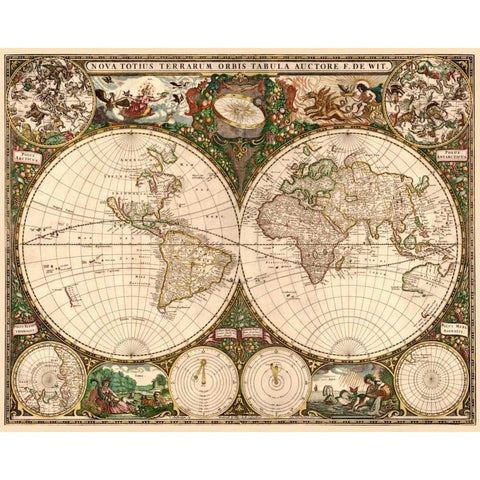 World Map Gold Ornate Wood Framed Art Print with Double Matting by De Wit, Frederick