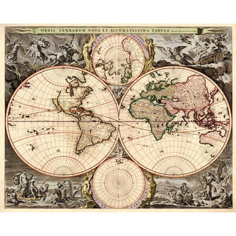 World Map Black Modern Wood Framed Art Print with Double Matting by Visscher, Nicolao