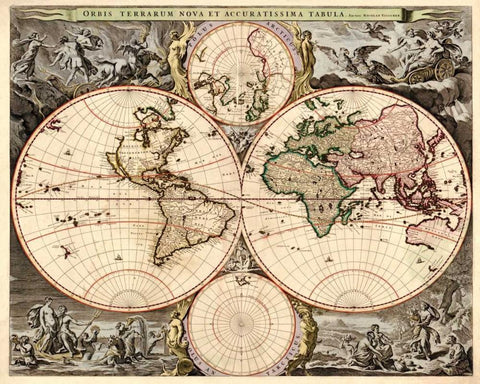 World Map Black Ornate Wood Framed Art Print with Double Matting by Visscher, Nicolao