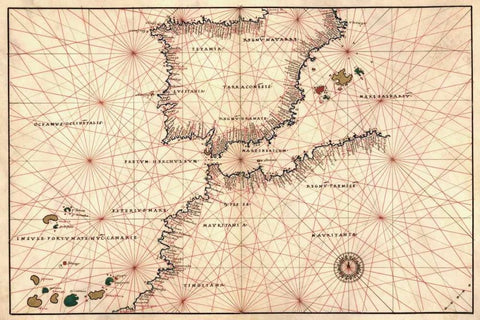 Portolan or Navigational Map of the Spain, Gibraltar and North Africa White Modern Wood Framed Art Print with Double Matting by Agnese, Battista
