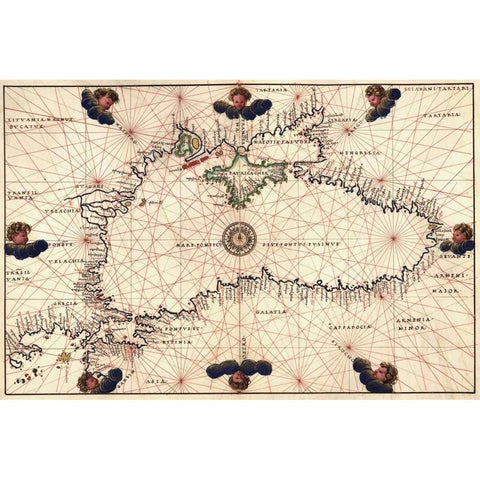 Portolan or Navigational Map of the Black Sea showing anthropomorphic winds Black Modern Wood Framed Art Print with Double Matting by Agnese, Battista
