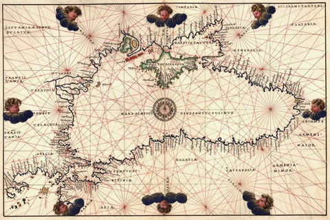 Portolan or Navigational Map of the Black Sea showing anthropomorphic winds Black Ornate Wood Framed Art Print with Double Matting by Agnese, Battista
