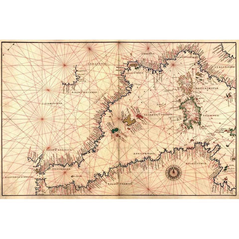 Portolan or Navigational Map of the Western Mediterranean from Gibraltar to Piedmont and Sardinia Gold Ornate Wood Framed Art Print with Double Matting by Agnese, Battista