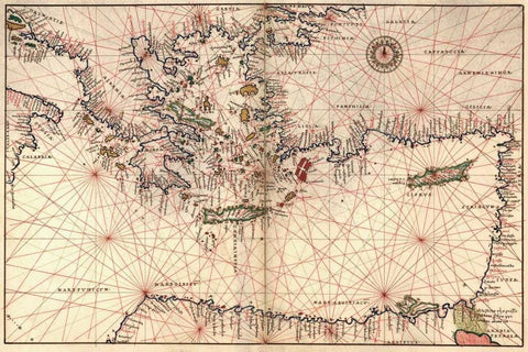 Portolan or Navigational Map of Greece, the Mediterranean and the Levant White Modern Wood Framed Art Print with Double Matting by Agnese, Battista