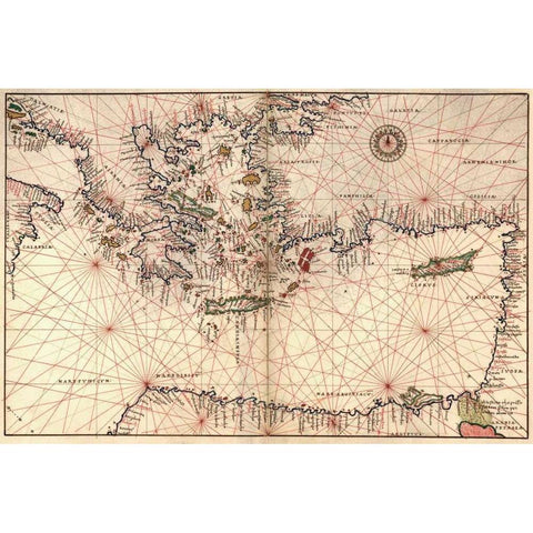 Portolan or Navigational Map of Greece, the Mediterranean and the Levant Black Modern Wood Framed Art Print by Agnese, Battista