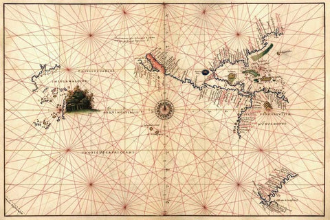 Portolan Map of the Western Hemisphere showing what will become the United States, Panama and a port White Modern Wood Framed Art Print with Double Matting by Agnese, Battista