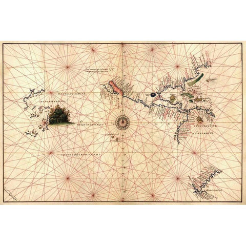 Portolan Map of the Western Hemisphere showing what will become the United States, Panama and a port Black Modern Wood Framed Art Print with Double Matting by Agnese, Battista