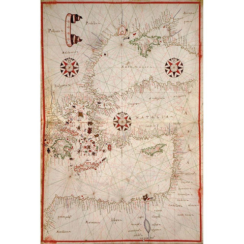 Portolan Map of Turkey, Mediterranean, Adriatic and the Agean White Modern Wood Framed Art Print by Oliva, Joan