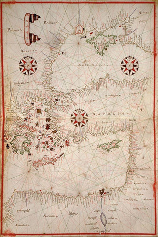 Portolan Map of Turkey, Mediterranean, Adriatic and the Agean White Modern Wood Framed Art Print with Double Matting by Oliva, Joan