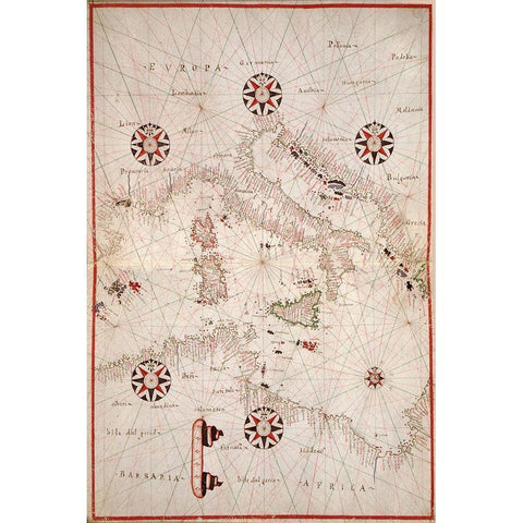 Portolan atlas of the Mediterranean Sea, western Europe, and the northwest coast of Africa - Central Black Modern Wood Framed Art Print with Double Matting by Oliva, Joan