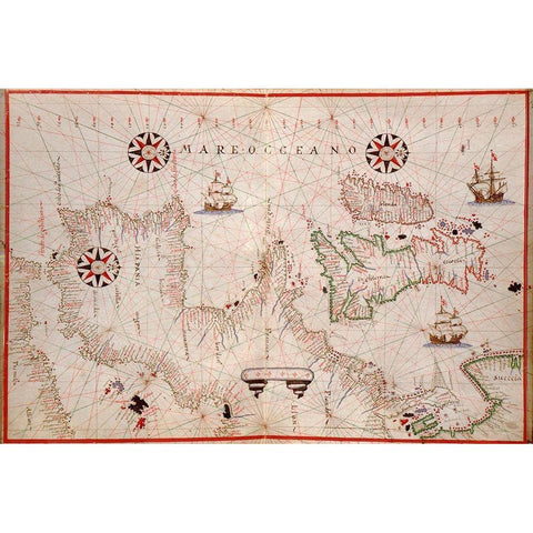 Portolan Map of Spain, England, Ireland and France White Modern Wood Framed Art Print by Oliva, Joan