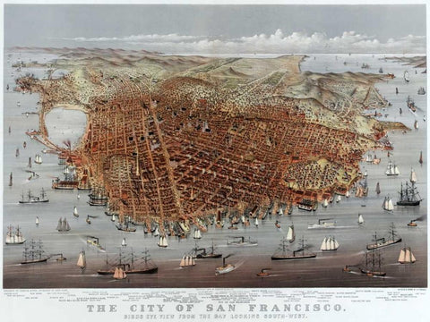 The City of San Francisco; Birds Eye View from the Bay Looking South-West White Modern Wood Framed Art Print with Double Matting by Currier and Ives