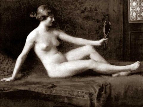 Admiring Herself Black Ornate Wood Framed Art Print with Double Matting by Vintage Nudes