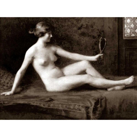 Admiring Herself Black Modern Wood Framed Art Print by Vintage Nudes